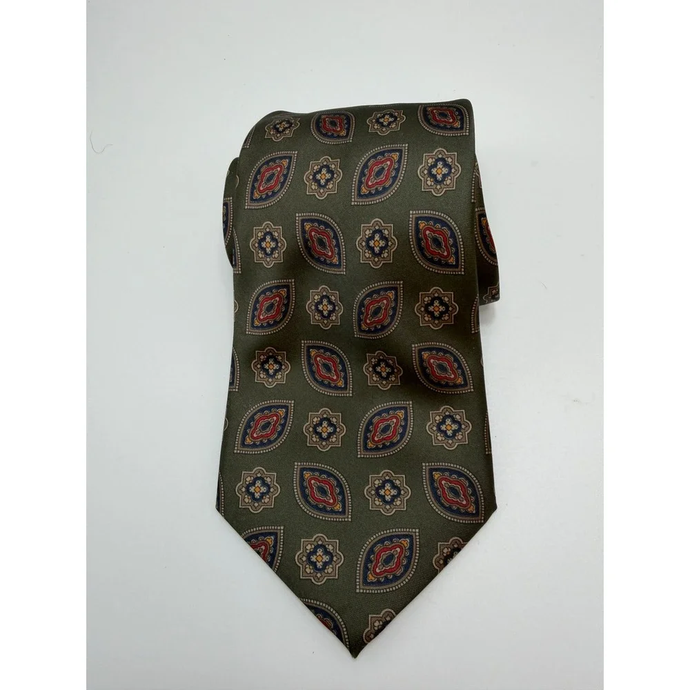Oz Hatemoglu Mens Silk Tie Olive Green Geometric Medallion Hand Made Bursa 57in